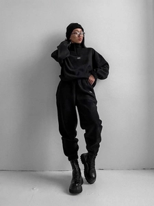 Damen Sportanzug Set in Schwarz mit halbem Reißverschluss Sweatshirt und Jogginghose