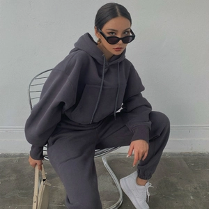 Women's oversized dark grey tracksuit with drawstring hoodie and jogger pants