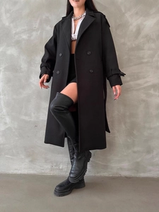 Elegant black double-breasted wool coat with waist belt and classic large lapels