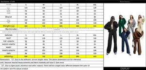 Size chart with measurements for the two-piece zipper sweatshirt and pants set