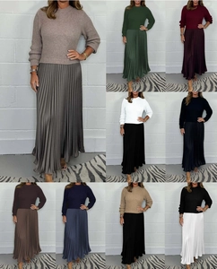 Collage of long sleeve knitted sweaters and high waist pleated skirts in nine colors