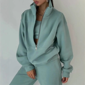 Tuta sportiva 3 pezzi da donna in pile con felpa a mezza zip e pantaloni verde menta