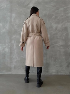 Women's mid-length wool coat in beige with back vent and stylish waist belt