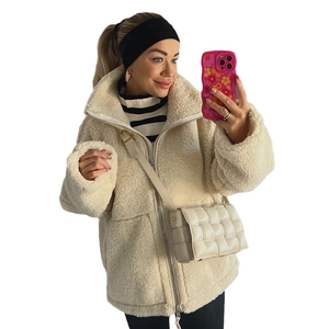 Chic cream sherpa fleece zipper jacket with stand collar and casual winter styling