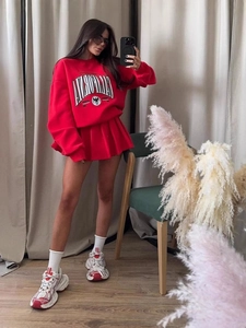 Women's California print red sweatshirt and pleated mini skirt two-piece outfit
