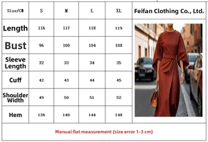Size chart showing S to XL dimensions for the elegant rust red batwing sleeve dress