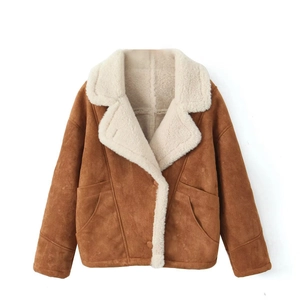 Brown faux suede jacket with white fleece lining and warm lapel collar for winter