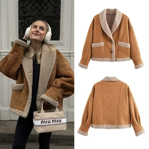 Veste en Suédine pour Femme Doublée Sherpa Revers Manteau Court Large Chaud Hiver Streetwear Vêtements d'Extérieur