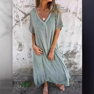 Robe longue en coton et lin vert sauge avec col en V et manches courtes pour l'été