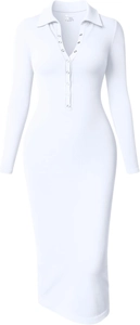 Detailaufnahme des Rippstrickgewebes und der Polokragen-Knöpfe am weißen Kleid