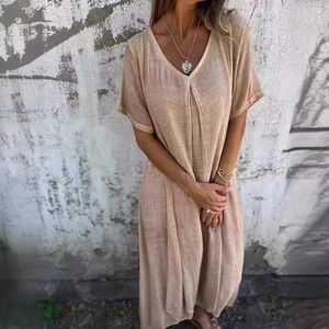 Robe d'été décontractée en lin avec col en V et manches courtes couleur beige