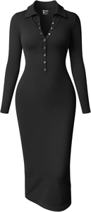 Detailansicht des Rippstrickgewebes und des geknöpften Polokragens an diesem schwarzen Kleid