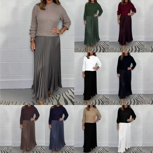 Women Knitted Long Sleeve Pleated Maxi Dress Elegant Solid Color Patchwork Round Neck Casual Commuter A-Line Long Dress