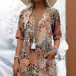 Robe Imprimée à Col en V pour Femmes Style Bohème Vacances d'Été Coupe Ample Robe Mi-Longue Avec Poches Latérales
