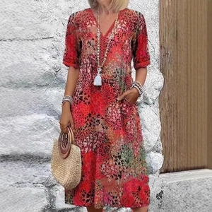 Robe midi imprimée à col en V pour femme avec poches de style bohème pour l'été