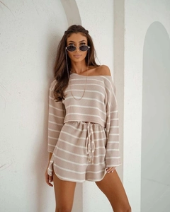 Detail of waffle knit fabric and striped texture on a summer two-piece lounge set