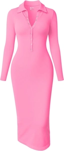 Detailansicht des Rippstrickstoffs und Polo-Kragenknöpfe an einem neonpinken Slim-Midi-Kleid