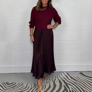 Women's burgundy knit long sleeve top and pleated maxi dress two-piece outfit