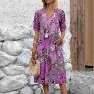Robe midi femme à col en V avec imprimé léopard abstrait violet et manches mi-longues