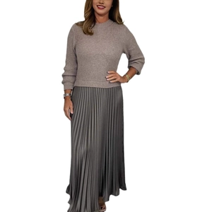 Women's two-piece knitted long sleeve top and high waist pleated maxi dress set