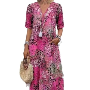 Robe longue d'été à col en V pour femme avec imprimé floral bohème et poches latérales