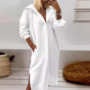 Abito Maxi Casual da Donna con Cappuccio Tinta Unita Scollo a V Manica Lunga Abito Felpa con Spacco Tasche Laterali Vestibilità Larga