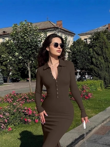 Schickes geripptes Langarm-Polokleid in Kaffeebraun mit schmaler Passform und Knopfdetail