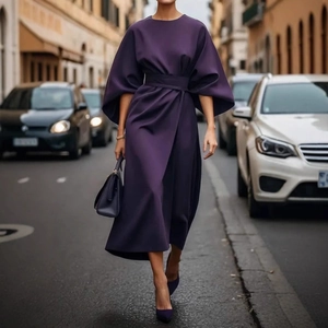 Elegant deep purple A-line midi dress with lantern sleeves and matching waist belt