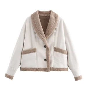 Short faux suede jacket in off-white with brown faux shearling trim and button closure