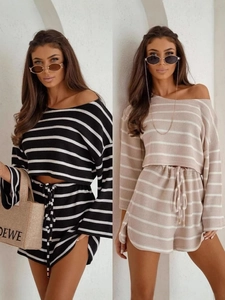 Women Off-Shoulder Striped Top And Bottom Casual Waffle Knit Long Sleeve Shirt High Waist Drawstring Shorts Lounge Wear