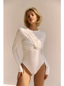 Slim fit long sleeve white bodysuit featuring a front twist knot detail for women