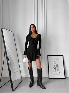 Robe sexy moulante noire à manches longues avec volants et décolleté en V pour femmes