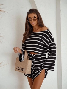 Women's chic black and white striped off-shoulder long sleeve top and shorts set