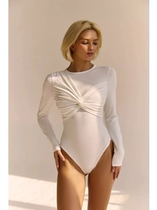 Detail of white long sleeve bodysuit featuring elegant twist knot pleated chest design