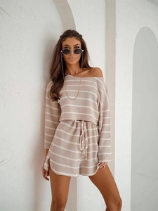 Women's 2-piece off-shoulder knit set with striped waffle texture and drawstring shorts
