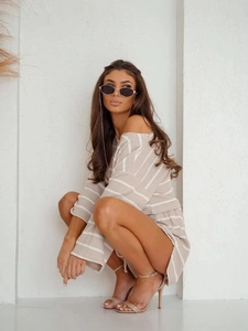 Chic beige and white striped knit lounge set with drop-shoulder top and matching shorts