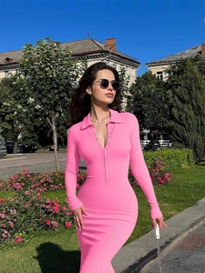 Sexy Damen Langarmkleid Mit Polokragen Und Rippstrick Elegant Figurbetont Maxi Kleid Einfarbig Mit Knöpfen