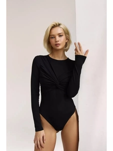 Detail of black long sleeve bodysuit featuring elegant twist knot design and round neck