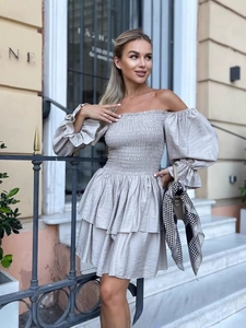 Women Sexy Off Shoulder Mini Dress Smocked Tiered Ruffle Hem Puff Long Sleeve Solid Color A-Line Party Dress