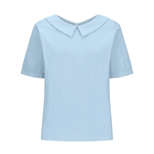Detail shot of light blue blouse featuring a classic Peter Pan collar and puff sleeves