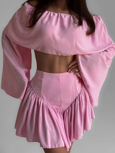 Women's Sexy Off-the-Shoulder Ruffle Top and High Waist Pleated Mini Skirt Two Piece Polyester Skirt Set Top And Bottom