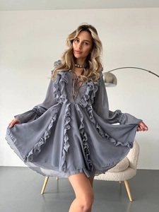 Elegant grey chiffon V-neck dress with layered ruffles and long sleeves in A-line silhouette