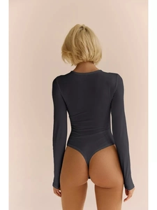 Detailed back view of a dark grey slim fit long sleeve bodysuit with a crew neckline