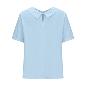 Detail view of light blue cotton linen shirt with Peter Pan collar and back button closure