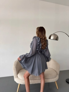 Elegant dusty blue chiffon dress with ruffled sleeves and V-neckline for women