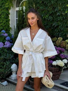 Women Casual Lapel Belted Shirt And Shorts Top And Bottom Outfit Solid Color V-Neck Summer Vacation Clothing For Women