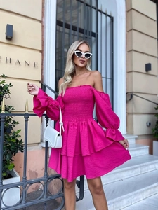 Hot pink off-shoulder pleated mini dress with long puff sleeves and tiered skirt details