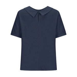 Detail of navy blue short sleeve blouse with lapel collar and buttoned keyhole back closure