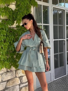 Sage green casual two-piece set featuring short-sleeved belted top and matching shorts