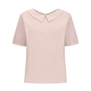 Detail of pink loose fit shirt featuring a Peter Pan collar and soft cotton fabric